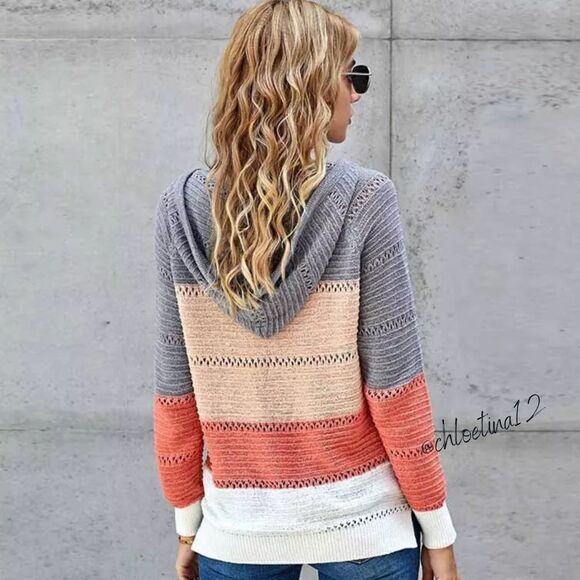 Color Block Knit Pullover Hoodie - blush mix - Picture 9 of 12